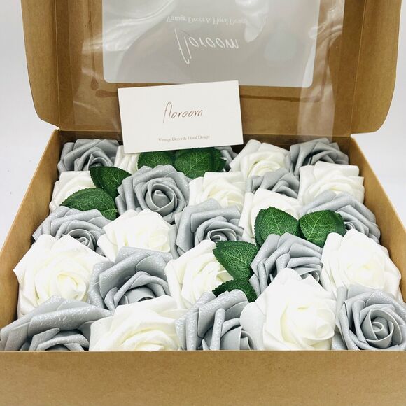 50Pcs Artificial Flowers Roses Silver Shimmer & White Foam Fake Roses with Stems - Picture 1 of 4